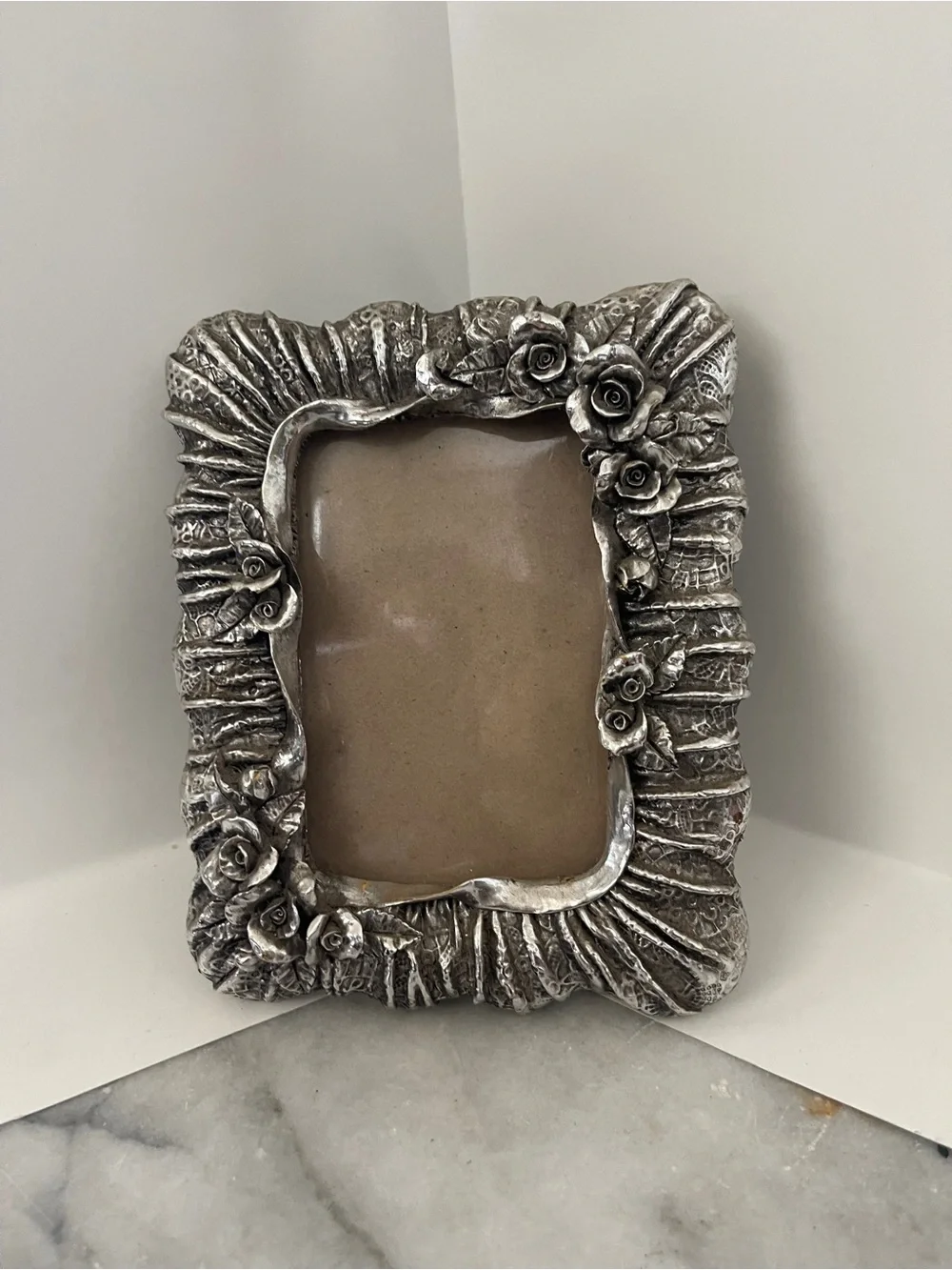 Vintage Ornate Photo Frame Roses Romantic Thick Resin Silver Tone Frame 7
